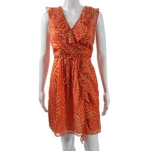 Milly Women Wrap Dress Orange Silk V Neck Animal Print Knee Length Size 2